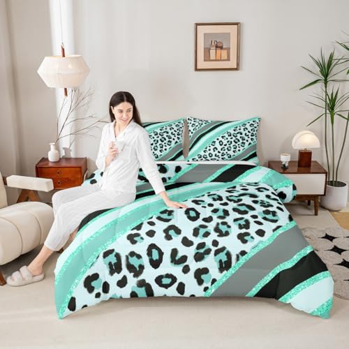 Abstract Leopard Kids Comforter Set King Size,Cheetah Skin Wild Animals Bedding Set,Girls Boys Women Room Decor,Geometric Stripes Fashion Down Comforter,Teal Romantic Duvet Insert,2 Pillowcases
