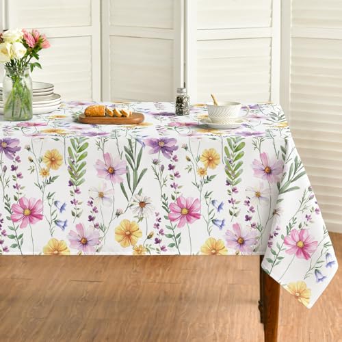 Horaldaily Spring Summer Tablecloth 60x120 Inch, Yellow White Purple Daisy Floral Table Cover for Party Picnic Dinner Decor