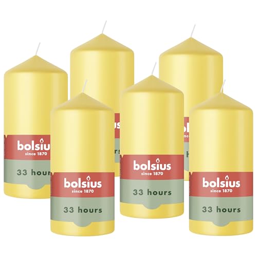 Bolsius – Pillar Candle – Yellow – 12 cm – Burn Time 33 Hours – with Natural Extracts – Natural Plant-Based Wax – No Palm Oil