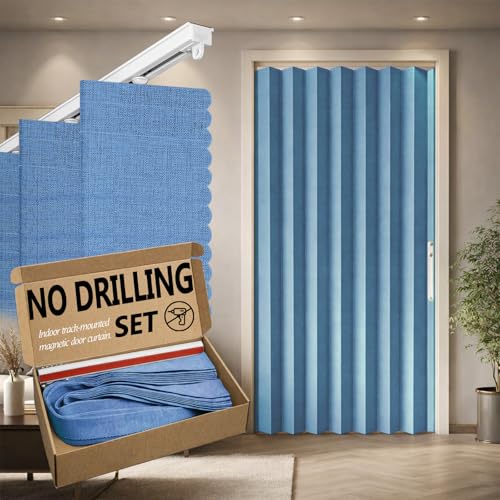 "Jilron Accordian Door Curtain,Install Adhesive Track 100% Blackout Doorway Curtains,Suitable for Bedroom,Closet,Interior Room Divider,Blue 43"" W??78"" L,1 Piece"