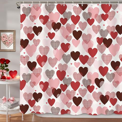 MEHOFOND Valentines Shower Curtain Red Pink Hearts Shower Curtain for Valentines Bathroom Decor Sweetheart Bathroom Curtains Washable Durable Fabric 72x72 in