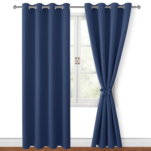 Hiasan Blackout Curtains for Bedroom, 52 x 96 Inches Long - Thermal Insulated & Energy Saving Window Curtains for Living Room, 2 Drape Panels Sewn with Tiebacks, Navy