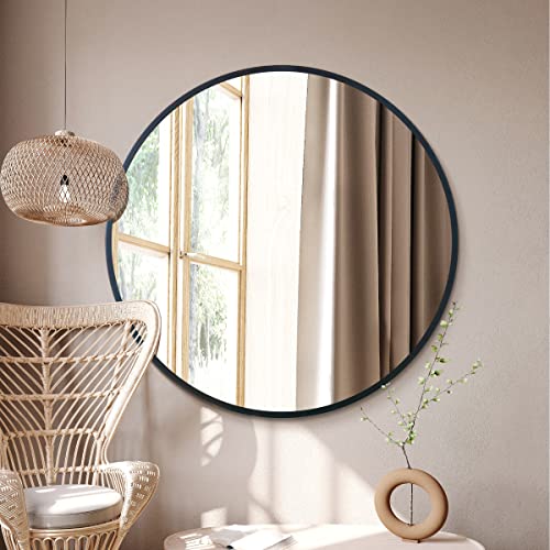 "MirrorOutlet The Fenestra - Black edged Modern Round Circular Wall Mirror 39"" X 39"" (100CM X 100CM) Silver Mirror Glass with Black Metal Frame"