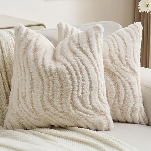 FUTEI Cream Decorative Throw Pillow Covers 18x18 Inch Set of 2,Soft Faux Fur Geometric Shapes Texture Cushion Case,Boho Home Decor for Couch Bed Living Room