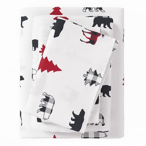 Great Bay Home 4 Piece 100% Turkish Cotton Queen Holiday Flannel Sheet Set - Cotton Christmas Bedding Sheets & Pillowcases - Warm, Double-Brushed Bed Sheets (Queen, Checkered Moose)