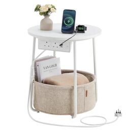 VASAGLE Side Table, Round End Table with Fabric Basket, for Living Room Bedroom, Contemporary Style, Matte White and Light Camel LILEA Collection LET228W03V1