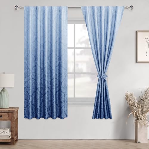 DWCN Ombre Room Darkening for Bedroom - Back Tab Damask Design 63 inches Long Thermal Insulted Tieable Window Drapes Light Blocking Curtains for Living Room, 2 Panels, W42 x L63, Navy Blue