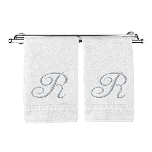 Monogrammed Hand Towel, Personalized Gift, 16 x 30 Inches - Set of 2 - Silver Embroidered Towel - Extra Absorbent 100% Turkish Cotton- Soft Terry Finish - For Bathroom, Kitchen and Spa- Script R White