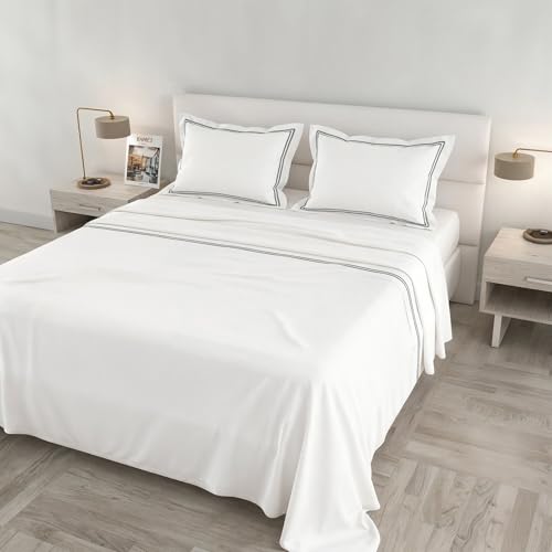 Venus Double Maxi Bed Set, 100% Cotton, Made in Italy – White Bed Sheet Set, 2 Pillowcases with Ruffles, Double Bourdon, Top Sheet 260 x 300 cm, Bottom Sheet 180 x 200 cm – Grey