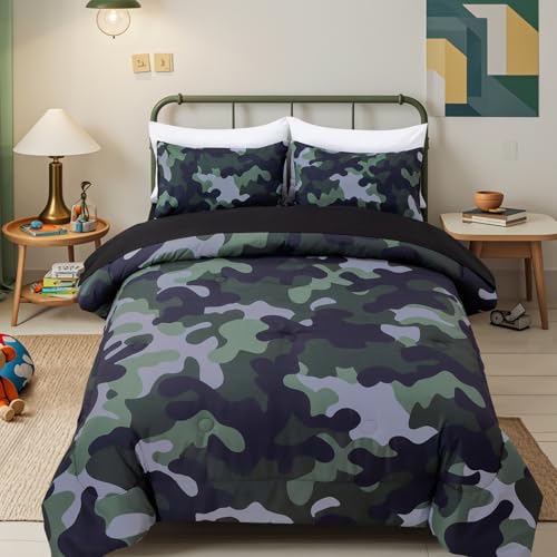 Holawakaka Twin Size Camouflage Bedding Comforter Set with Sheets,Boys Girls Men Camo Bed in A Bag 5 Pieces,Kids Teens Dorm Bed Sets Neutral Farmhouse Lodge Cabin Army Bedspread (Dark Green,Twin)