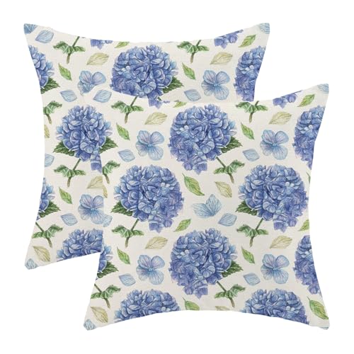 AEIOAE Spring Floral Pillow Covers 18x18 Inch Set of 2, Blue Green Hydrangea Flower Leaves Throw Pillows Case,Summer Outdoor Seasonal Decorative Farmhouse Decor Cushion Covers for Home Sofa Bed Couch