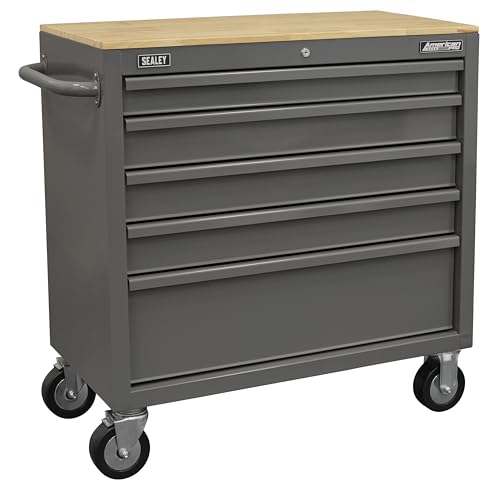Sealey American PRO® 5 Drawer Mobile Workstation & Wooden Worktop/Tool Chest with Wooden Worktop on Wheels with Ball Bearing Slides - APMWS1G