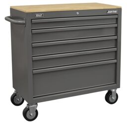 Sealey American PRO® 5 Drawer Mobile Workstation & Wooden Worktop/Tool Chest with Wooden Worktop on Wheels with Ball Bearing Slides - APMWS1G