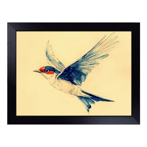 Lap Tray with Bean Bag Cushion, Swallow Graphic Bird - Handmade in the UK, Raised Wooden Edge, Padded Cushion, Heat-Resistant Wipe-Clean Surface, for Meals, Laptops and Crafts