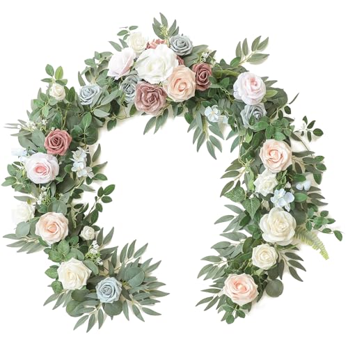 Floroom 6ft Artificial Eucalyptus Garland with Flowers Fake Greenery Faux Floral Vine Garland for Table Decor Wedding Centerpieces Bridal Shower Party Decorations, Blush Powder Blue