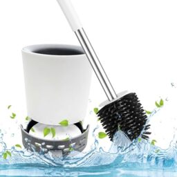 Toilet Brush with Drainage Holder Set,Flex Silicone Anti-Clog Anti-Drip Brush Head, White/Grey Colour with Stainless Steel Handle, 2-Pack with Diatomite Drying Pad
