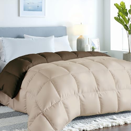 "Royale Linens Reversable Comforter - Duvet Insert - All Season Soft Quilted Comforters with 8 Corner Tabs Queen Size - Down Alternative Bedding Comforter - Duvet Insert (Chocolate/Sand, Queen 88""x88"")"