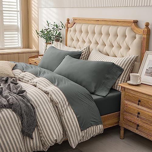 "PURE ERA Jersey Knit 4pc Bed Sheet Set 100% T-Shirt Cotton Super Soft Comfy Breathable Fits Mattress Up to 20"" Extra Deep Pocket (Solid Dark Greenish Gray, Queen)"