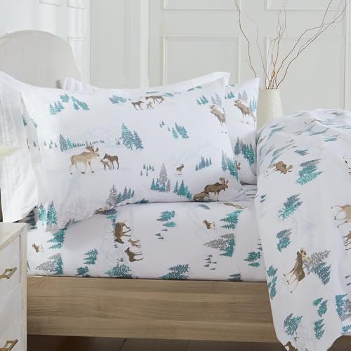 Market & Place 100% Turkish Cotton Flannel Sheet Set - 4 Piece Deep Pocket Novelty Cozy Winter Bed Sheets - Double Brushed for Extra Softness & Comfort - Alpine Collection (King, Moose)