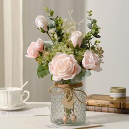 YJ Fake Flowers with Vase, Artificial Silk Roses Flower Bouquet, Faux Flower Arrangements, Farmhouse Table Decor, Coffee Table Decor (Pink)