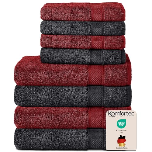 Komfortec Set of 8 Hand Towels 100% Cotton, 4 Bath Towels 70 x 140 cm and 4 Hand Towels 50 x 100 cm, Terry Towelling, Soft, Towel, Large, Black/Aurora Red