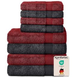 Komfortec Set of 8 Hand Towels 100% Cotton, 4 Bath Towels 70 x 140 cm and 4 Hand Towels 50 x 100 cm, Terry Towelling, Soft, Towel, Large, Black/Aurora Red
