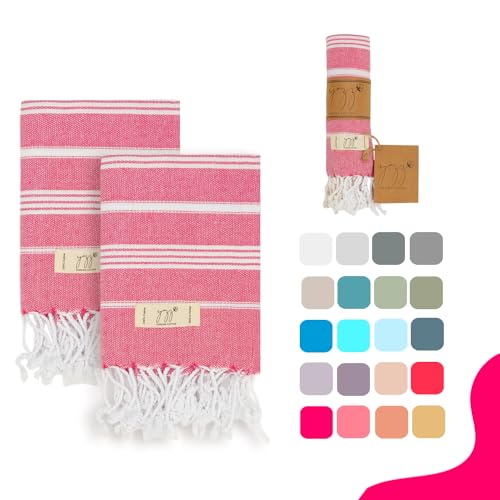 "Yazz Turkish Cotton Turkish Hand Towels for Bathroom - Set of 2, 18"" x 30"" inches, Decorative Cotton Hand Towels for Kitchen, Bath, Guest, Face, Hair, Gym, Yoga, Dishcloth, Travel (Fushia)"