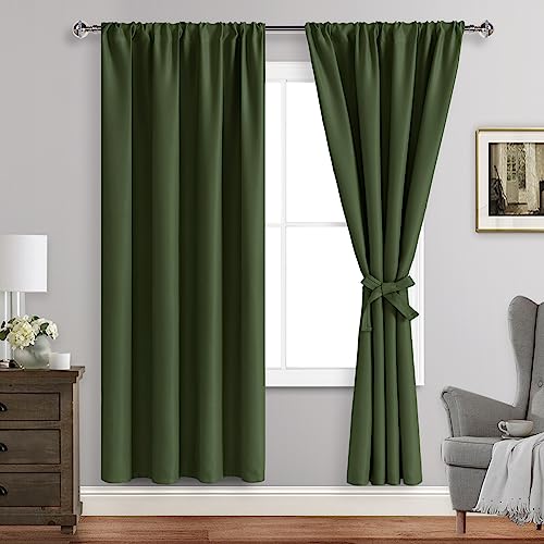 JIUZHEN Blackout Curtains for Bedroom??? Thermal Insulated,Noise Reducing Room Darkening Rod Pocket Curtains for Living Room, Set of 2 Panels with Tiebacks, 42 x 72 inch Long, Olive Green