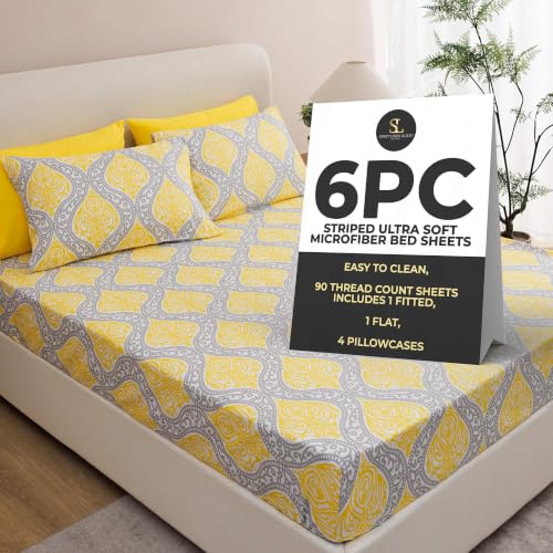 Spirit Linen home Queen Size Bed Sheets Set - 6PC Floral Ultra Soft Microfiber - 90 Thread Count - Easy to Clean, Deep Pockets, Fitted Sheet, Flat Sheet & 2 Pillowcases (Grey/Yellow Medallion)