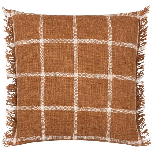 Yard furn Beni Feather Filled Cushion – Woven Check Cotton with Double Fringed Trim (Ginger/Natural – 45cm x 45cm)