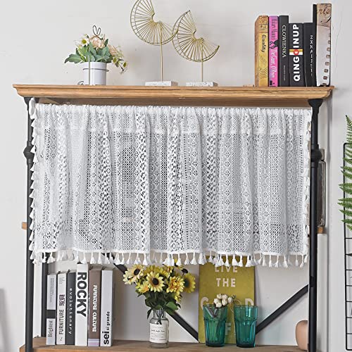 "Sutuo Home Boho Sheer Curtain Valance Crochet Lace with Bohemian Hollow Knitted Handmade Tassels, Short Farmhouse Window Treatment for Kitchen Cafe, Rod Pocket, 1 Panel 59"" W x 18"" L, White"