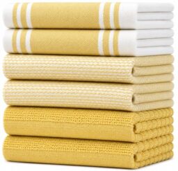 Premium Kitchen Towels 6 Pack - Large Cotton Kitchen Hand Towels - Soft & Absorbent Tea Towels with Hanging Loop - Vintage Striped Flat Terry Towel - Yellow (50 x 70cm)