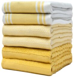 Premium Kitchen Towels 6 Pack - Large Cotton Kitchen Hand Towels - Soft & Absorbent Tea Towels with Hanging Loop - Vintage Striped Flat Terry Towel - Yellow (50 x 70cm)