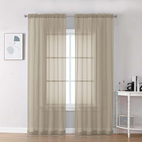 Chyhomenyc Taupe Sheer Curtains 84 Inch Length 2 Panels, Light Filtering Soft Airy Voile Rod Pocket Sheer Window Drapes for Bedroom Living Room, Each 42Wx84L Inches