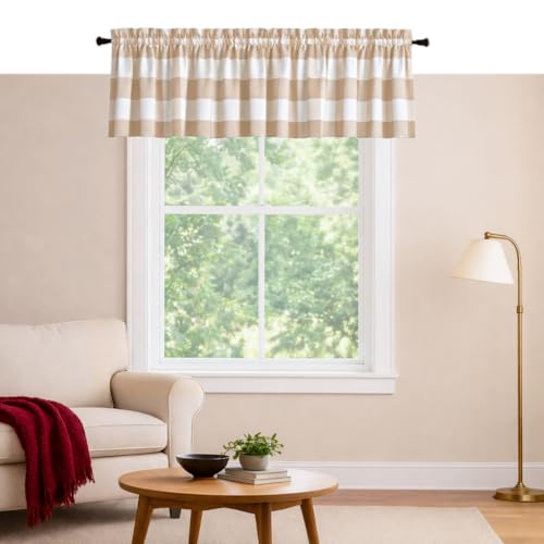Softopia Cotton Beige Buffalo Check Kitchen Valance Curtains 2 Pack, 54x18 Inches Rod Pocket Window Valances for Farmhouse, Living Room, Dining, Bathroom, Caf?? D??cor, Beige and White