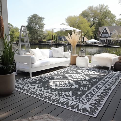 ELLE Decoration Indoor and Outdoor Rug - Reversible Rug Weatherproof & Waterproof - Modern Geometric Pattern Diamond Pattern Outdoor Rug for Garden, Balcony, Patio, Living Room - Black, 120 x 170 cm