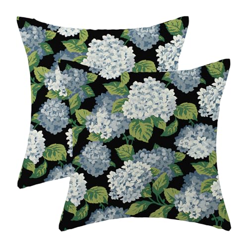 OFIRD Spring Pillow Covers 18x18 Pack of 2 Black Blue Hydrangea Floral Decorative Throw Pillow Covers Outdoor Decor Summer Seasonal Flower Plant Pillowcase Farmhouse Linen Cushion Case for Home Sofa