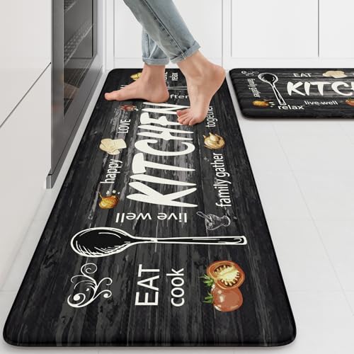 KIMODE Kitchen Mats,Grey Anti Fatigue Kitchen Rugs Sets of 2 Home RV Decor - Non Slip Waterproof Farmhouse Kitchen Floor Mats,Cushioned Comfort Standing Mat for Laundry,Sink,Desk,Bathroom