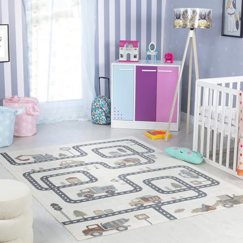 Livabliss Vroomville Road Track Washable Kids Carpet 160x213 cm, Soft Play Mat Design for Bedroom, Nursery & Playroom, Easy Care Kids Floor Carpet, Cream Black Grey