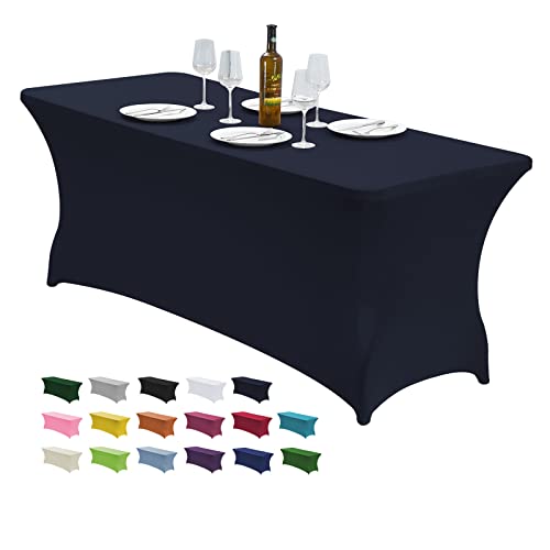 CWK 6FT Waterproof Stretch Spandex Table Cover for Rectangular Tables - Elastic Fitted Tablecloth for Folding Tables,Wrinkle Resistant Table Cloth for Parties, Weddings, Banquets & Events (Navy Blue)