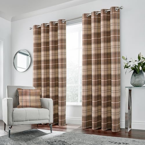 always4u Woolen Look Plaid Curtains Modern Window Panels Light Coffee Check Tartan Curtains for Living Room Bedroom 2 Panels Light Coffee 45 * 95 Inches