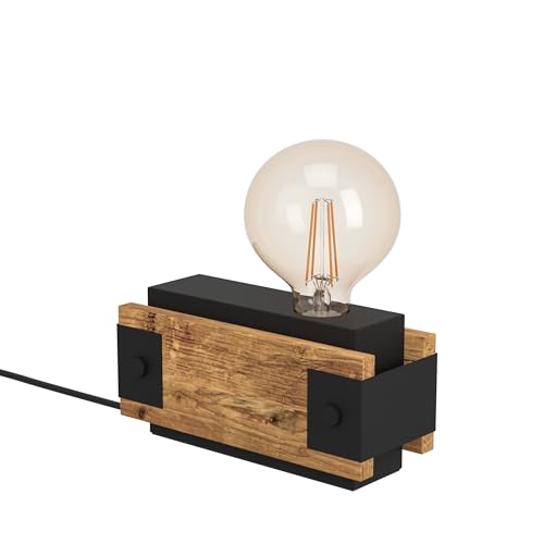 Eglo Layham Table Lamp, 1 Bulb Table Lamp, Vintage, Industrial, Retro, Bedside Lamp Made of Steel and Wood, Living Room Lamp in Black, Natural, Lamp with Switch, E27 Socket