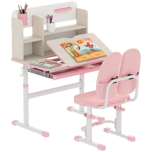 HOMCOM Kids Desk and Chair Set Height Adjustable for Ages 3-12 Years Pink - Kids Study Table and Chair Set, Storage Shelves, Washable Cover, Anti-Slip Mat