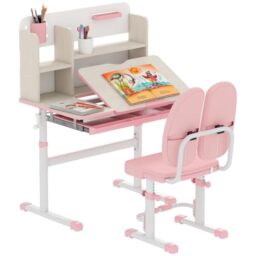 HOMCOM Kids Desk and Chair Set Height Adjustable for Ages 3-12 Years Pink - Kids Study Table and Chair Set, Storage Shelves, Washable Cover, Anti-Slip Mat