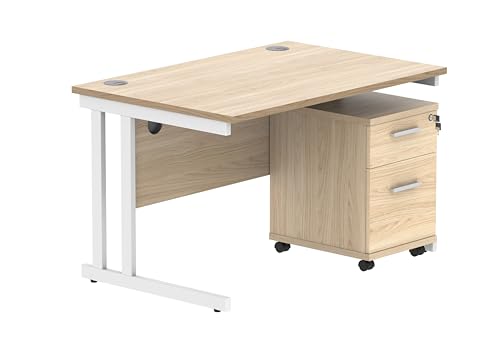 Office Hippo Heavy Duty Contract Grade Office Desk Workstation and Lockable 2-Drawer Pedestal Set, 120kg Weight Tolerance, 5-Year Warranty, FSC Certified, Canadian Oak, White Legs, 1200 x 800mm