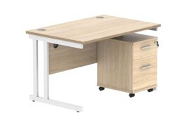 Office Hippo Heavy Duty Contract Grade Office Desk Workstation and Lockable 2-Drawer Pedestal Set, 120kg Weight Tolerance, 5-Year Warranty, FSC Certified, Canadian Oak, White Legs, 1200 x 800mm
