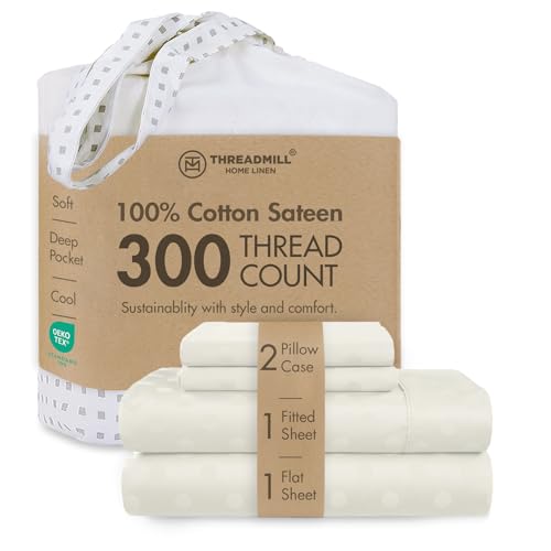 Threadmill Cotton Full Size Sheet Set - 100% Cotton Sheets for Full Size Bed - Damask Jacquard Full Bed Sheets Set with 16??? Deep Pocket - Soft Sateen Weave 4-Piece Cooling Bedding Set - Ivory