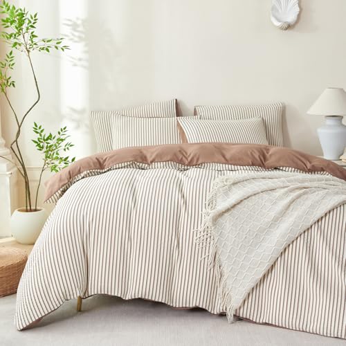 TISPLR Comforter Set King Dark Brown Striped Soft Luxury Washed Microfiber Jacquard 3 Pieces Bedding, White Dark Brown Vertical Ticking Stripes Comforter with 2 Pillowcases Breathable Durable Comfy