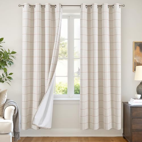 Lajode Plaid Linen Blackout Curtains for Living Room - Checkered Curtains with 72 Inch Long, Black Out Thermal Insulated Gingham Drapes with Striped Pattern for Bedroom 52x72 Inch 2 Panels, Terracotta