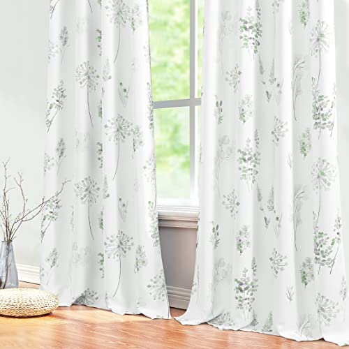 XTMYI 63 Inch Length Watercolor Flower Green Grey Grommet Curtains for Bedroom,2 Panels